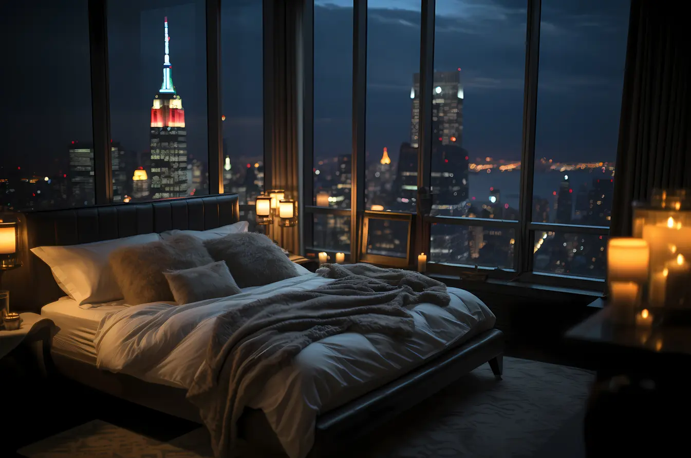 Luxurious hotel suite with a king-sized bed and city view